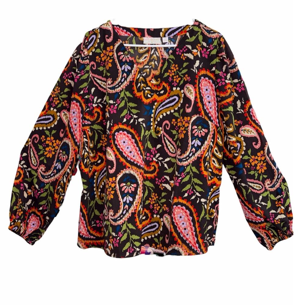 Belle Boho Kim Gravel Dark Paisley Billow Sleeve Top size XL